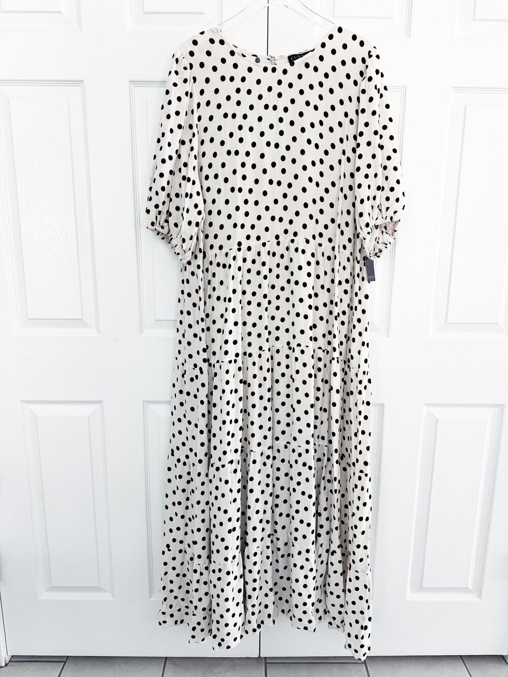 ELOQUII Polka Dot Puff Sleeve Tiered Maxi Dress Romantic Balletcore French Chic